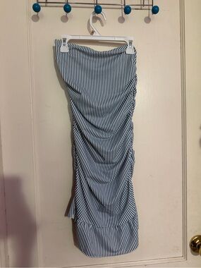 Edikted Blue and White Striped Ruched Midi Skirt